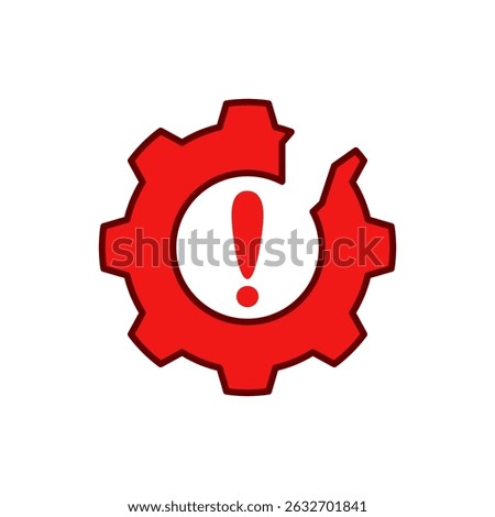 red broken gear icon with an exclamation mark in the center symbolizing an operational process failure. It is often used to indicate errors, disruptions, or the need for repair or maintenance.	