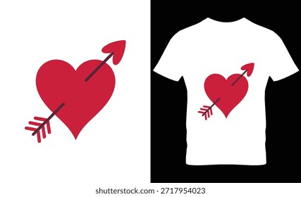 Corazón roto rojo con flechas en la camiseta blanca y gráfico aislado, concepto de dolor de amor