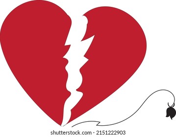 Red broken heart with black rose. Flat icon for apps and websites. Vector illustration.