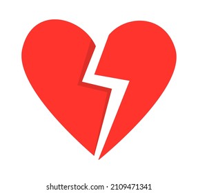 Red Broken heart. Divorce concept, Illustration in flat cartoon style isolated on white.