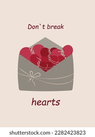 Red broken heart in an envelope with a letter. The inscription don't break hearts. The concept of reconciliation, family support, care. Friendship and trust concept