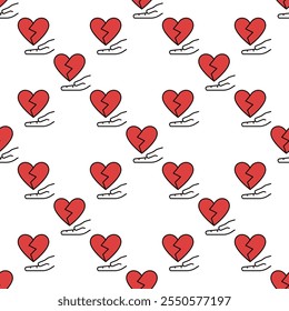 Red Broken Heart and Hand vector Emotional Struggle colored seamless pattern