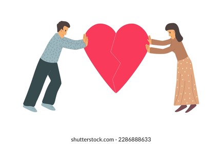 Red broken heart in hands man and woman. Reconciliation concept.