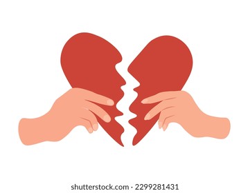  Red broken heart in hands man and woman. Reconciliation concept.Restore love. Vector illustration
