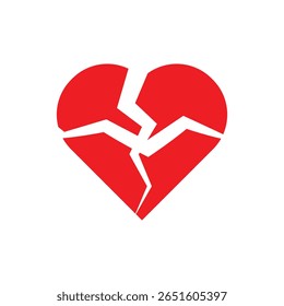 Red broken heart icon. Cracked love symbol for heartbreak, sadness, and emotional pain.