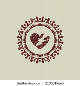 Red broken heart icon inside distress rubber stamp with grunge texture. 