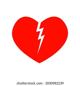 Red broken heart icon isolated on white background. Symbol of heartbreak, divorce, parting. Vector flat illustration.