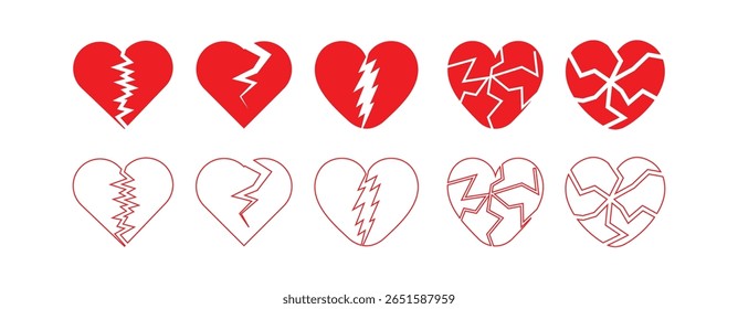 Red broken heart icon set. Cracked love hearts in bold red color. Emotional pain, sad love, and heartbreak vector collection.