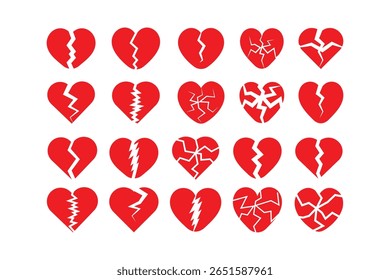 Red broken heart icon set. Cracked love hearts in bold red color. Emotional pain, sad love, and heartbreak vector collection.