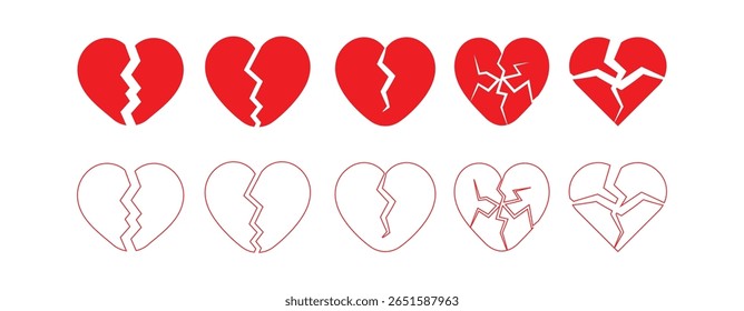 Red broken heart icon set. Cracked love hearts in bold red color. Emotional pain, sad love, and heartbreak vector collection.