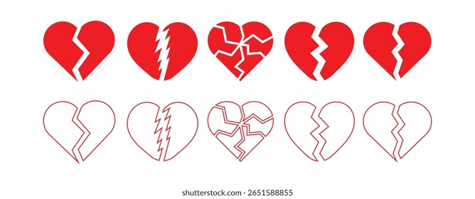 Red broken heart icon set. Cracked love hearts in bold red color. Emotional pain, sad love, and heartbreak vector collection.