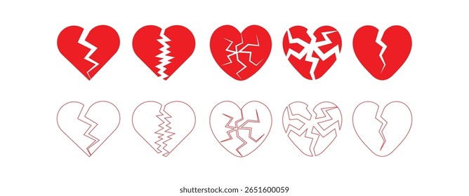 Red broken heart icon set. Cracked and damaged love hearts in vibrant red color. Emotional pain and sad love vector collection.