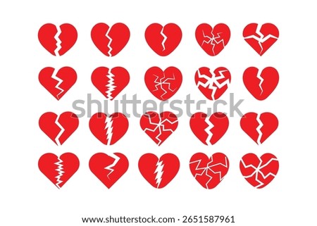 Red broken heart icon set. Cracked love hearts in bold red color. Emotional pain, sad love, and heartbreak vector collection.