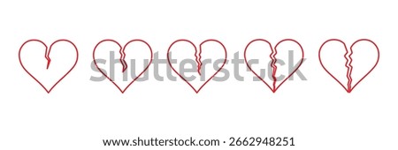 
Red broken heart icon set. Cracked love hearts in bold red color. Emotional pain, sad love, and heartbreak vector collection.