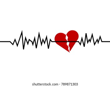 Red broken heart icon with sign heartbeat