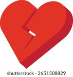 Red broken heart icon with a vertical crack splitting the center, designed in a three-dimensional style to evoke themes of emotional pain, heartbreak, or romantic loss.