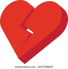 Red broken heart icon with a vertical crack splitting the center, designed in a three-dimensional style to evoke themes of emotional pain, heartbreak, or romantic loss.