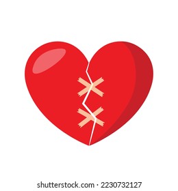 Red broken heart isolated on white background. Broken heart with bandage. Vector stock