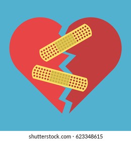 Red broken heart pasted with adhesive plaster isolated on blue background. Healthcare love and relationship concept. Flat design. Vector illustration. EPS 8, no transparency