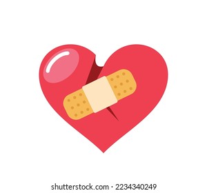 Red Broken Heart with Patch, Graphic Design Element for Valentines Day or Greeting Card. Symbol of Love, Romantic Feelings, Couple Relations, Wound and Pain. Cartoon Vector Illustration
