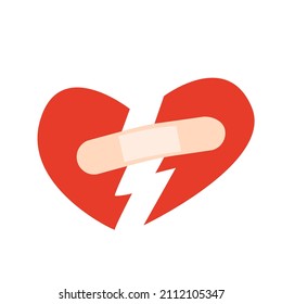 Red broken heart with patch. Vector flat illustration on isolated background. Valentine's day