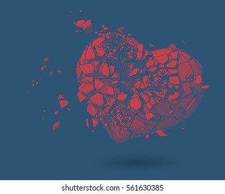 Red broken heart with pen and ink drawing illustration style on blue background