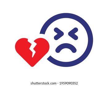 Red broken heart with sad face icon.