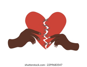  Corazón rojizo cosido con hilos negros en manos de hombre y mujer. Concepto de reconciliación.Restaure el amor. Ilustración del vector