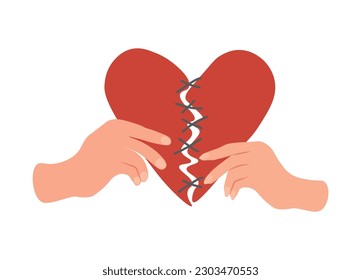  Corazón rojizo cosido con hilos negros en manos de hombre y mujer. Concepto de reconciliación.Restaure el amor. Ilustración del vector