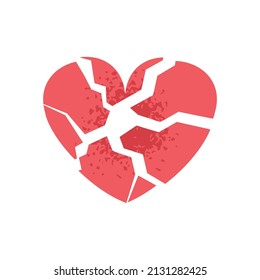 Red broken heart. Unrequited love. An unhappy, tortured heart shattered into pieces. Cartoon vector flat clipart on an isolated white background.