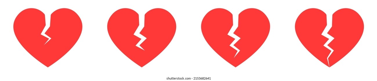Red broken heart vector icons set. Cracked on heart flat vector icons. Symbol divorce or heartbreak.