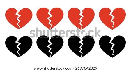 Red Broken heart vector icons set. Cracked heart symbol. Heart illustration