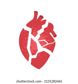 Red broken human heart. Unrequited love. An unhappy, tortured heart shattered into pieces. Anatomical shape. Cartoon vector flat clipart on an isolated white background.