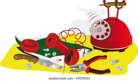 Red broken phone and notebook