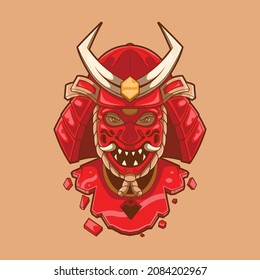 Red Broken Samurai Mask vector illustration. Brand, logo, warrior design concept.