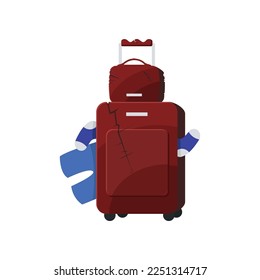 Red broken suitcase and handbag vector illustration. Baggage or luggage, cartoon drawing of damaged plastic bag for traveling isolated on white background. Luggage, transportation, damage concept
