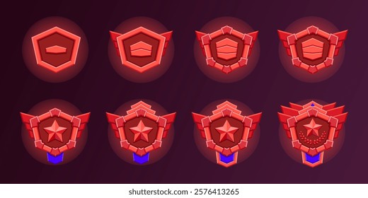 Red bronze level game level badges set. 8 Realistic vector of red bronze hexagon with level progress symbol. Realistic flat design. Metallic style. Progress and awards.
