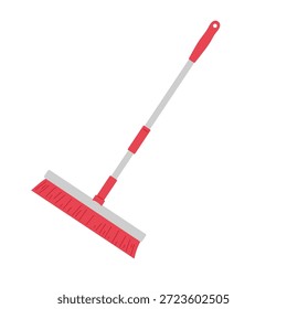 Red broom with gray handle. Large long mop for home and office cleaning. Broom with red brush for sweeping floor.