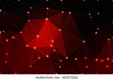 Red brown black abstract low poly geometric background with white triangle mesh and defocused lights.