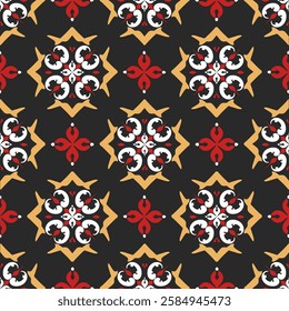 Red, brown, and black ethnic floral damask eamless pattern. Abstract kaleidoscope fabric design texture. Idea for textiles, curtains, carpets, and home decor.