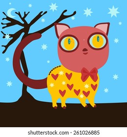 Red brown cat with big yellow eyes in cute yellow dress with hearts and stars 
