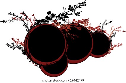 Red and brown circles surrounded by intricate flower ornaments