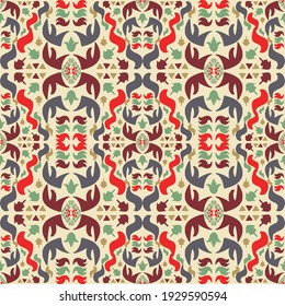 Red and brown color floral tribal motif seamless pattern on light background. Ethnic colorful folk elements flat vector for tile, wallpaper and textile.