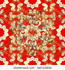 Red and brown colors with golden elements. Gold metal with floral pattern. Seamless golden pattern. Vector golden floral ornament brocade textile and glass pattern.