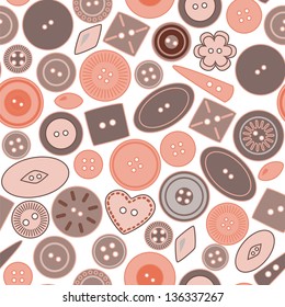 Red and brown craft buttons on white seamless pattern, vector