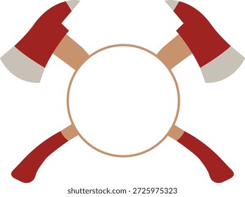 Ilustração vetorial de quadro circular de eixos cruzados vermelhos e castanhos. Ícone minimalista resistente apresentando eixos tradicionais dentro de um círculo geométrico isolado no fundo branco. Gráficos de marcenaria profissional para carpintaria, logotipos de aventura ao ar livre e corte de vinil.