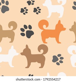 red and brown dog with paw print seamless pattern. Good for textile, wrapping, wallpapers, etc. Eskimo dog and paw isolated on carnation background. Vector illustration.