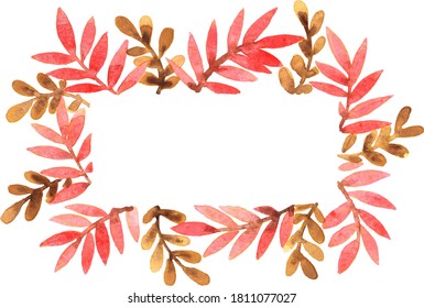 Red and brown fern on rectangle frame watercolor hand painting fr decoration on Autumn season events.