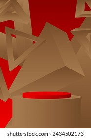 Exhibición del producto del maquillaje rojo y marrón. Podio de pedestal de cilindro vectorial. Escaparate de formas geométricas mínimas para la presentación.