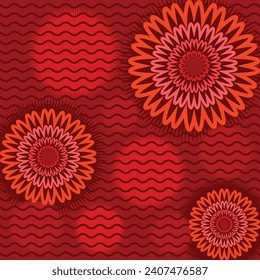 Flores abstractas rojas, marrones y anaranjadas y diseño de fondo vectorial de líneas aislado en plantilla cuadrada.